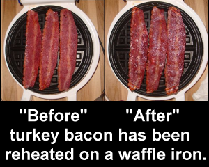Before and after heating turkey bacon on a waffle iron.