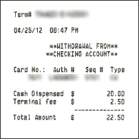 An image of an ATM receipt showing the foreign ATM fee.