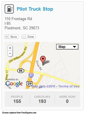 Foursquare.com listing of Pilot Truck Stop in Piedmont, SC