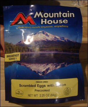 Front panel of pouch of Mountain House Freeze Dried Scrambled Eggs with Bacon