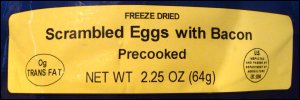 Close-up of dry weight of freeze dried eggs in pouch.