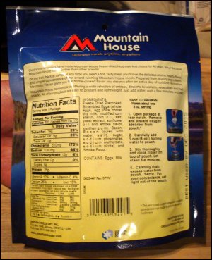 Back panel of pouch of Mountain House Freeze Dried Scrambled Eggs with Bacon