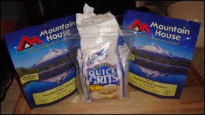 Our choice for breakfast: two pouches of Mountain House Freeze Dried Scrambled Eggs with Bacon and grits