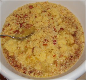 The rehydrated freeze dried eggs in a bowl, showing how wet they are.