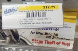Close-up of product tag and price tag for Fuel Tank Anti-Siphon for Volvo, Mack, International with 2-1/2 inch fill neck.
