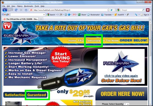 Screen shot of FuelShark.com showing two typographical errors.
