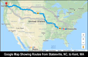 Google Maps showing routes from Statesville, NC, to Kent, WA