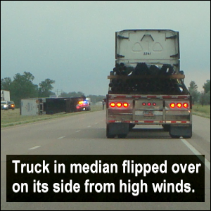 An overturned truck resulted from driving in wind, strong winds, in Nebraska when a tornado alert had been posted in the area.