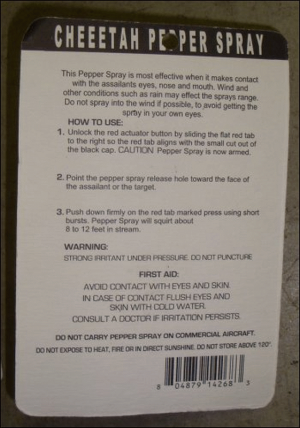 Home security pepper spray, back of package.