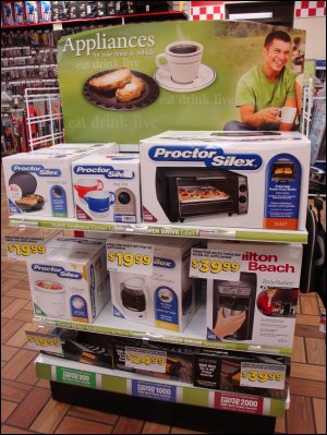 Display of appliances on sale at a truck stop.