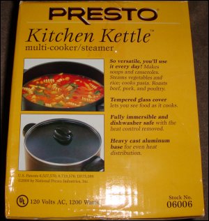 Image of side 2 of box from Presto Kitchen Kettle multi-cooker/steamer.