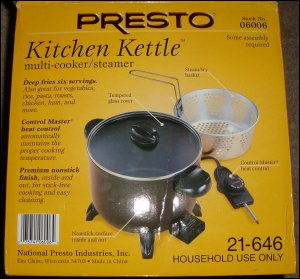 Image of back of box from Presto Kitchen Kettle multi-cooker/steamer.