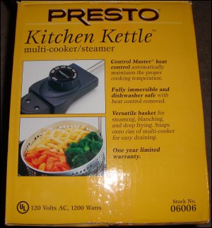 Image of side 1 of box from Presto Kitchen Kettle multi-cooker/steamer.