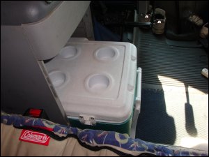 Storage room under a cabinet in a large truck for an ice chest.