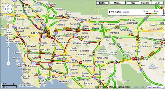 Live traffic map of Los Angeles on July 22, 2010.