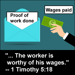 Proof of work done leads to wages paid. The worker is worthy of his wages. 1 Timothy 5:18.