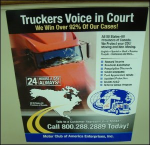 Display for TVC, Truckers Voice in Court, at a truckstop.