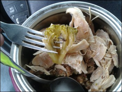 Even though the instructions that come with the Lunch Crock clearly state that this isn't a cooking unit but rather a heating unit, the frozen broccoli that Mike put in this lunch was overcooked.