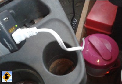 Mike plugged the Lunch Crock into a 12-volt inverter, which he inserted into the cigarette lighter outlet on his truck's dash in order to heat the food.