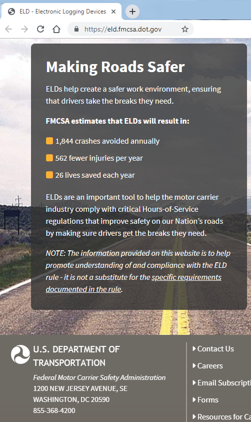 Screenshot from eld.fmcsa.dot.gov about ELDs taken on June 21, 2019.