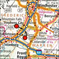 Close-up of truck routes in Virginia showing one with weigh stations and one without.