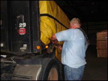 Professional truck driver Mike Simons, with rubber tie-downs on his left shoulder, is tucking the tarp from its hanging position to flatbed height.