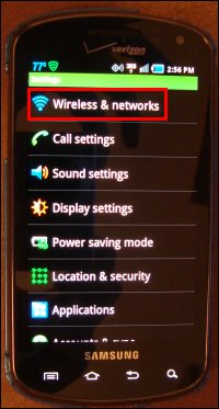 Menu to get to Wireless and Networks on Smartphone