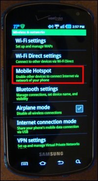 Wireless and Networks menu on Smartphone to get to Mobile Hotspot setting.