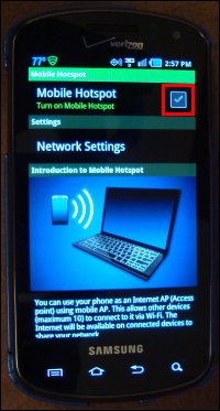 Mobile Hotspot screen on Smartphone