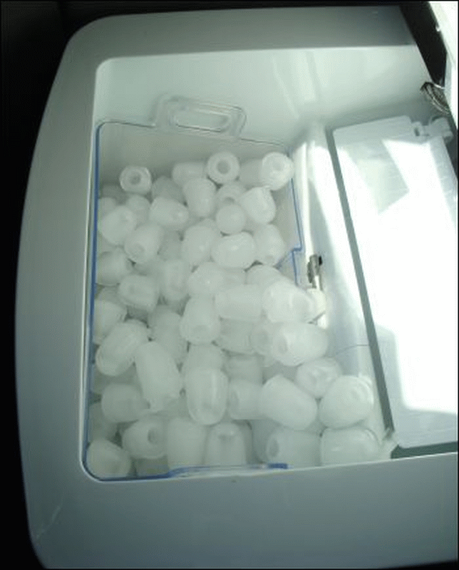 NewAir AI200-SS portable ice maker with lid open and ice basket full of ice.