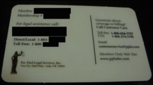 The back of a Pre Paid Legal Services membership card - edited.