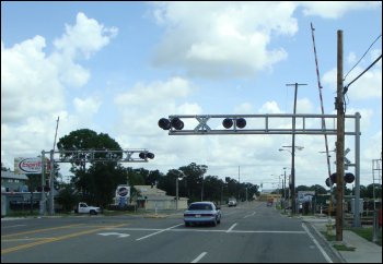 Railroad crossing in intersection.