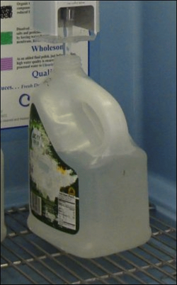 One gallon jug being refilled with water in a water vending machine.