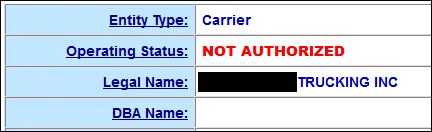 Operating status of a trucking company whose company snapshot is on the SAFER website of the FMCSA.
