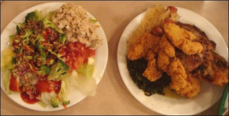 Mike's first two plates of food from the buffet at the North 40 Truck Stop restaurant.