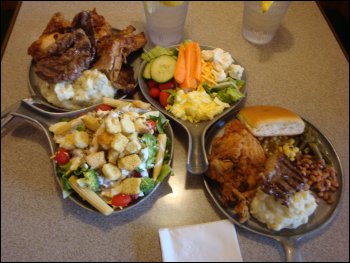 Our plates full of salad and hot bar items, obtained at the Petro restaurant in Glendale, KY.