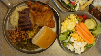 The two plates that Vicki got at the Petro restaurant in Glendale, KY. Salad is on the right; hot bar items are on the right.
