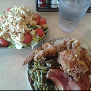 Photo of my entrees, vegetables, salad and drink at the Petro Iron Skillet in Kingdom City, Missouri