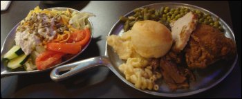 The plate on the left had Vicki's salad and the plate on the right contained items from her first visit to the hot bar at the Petro Iron Skillet Restaurant in Kenly, NC.