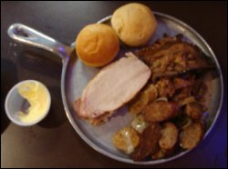 This plate contained items Mike got on his second visit to the hot bar at the Petro Iron Skillet Restaurant in Kenly, NC. While not seen, Vicki also visited the hot bar a second time, getting more roast beef and gravy and a roll.