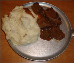 Mike's portion of beef tips and mashed potatoes at the Petro Iron Skillet in Bordentown, NJ. Vicki also had a smaller portion of both foodstuffs.