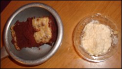 Mike's dessert at the Petro Iron Skillet Restaurant in Bordentown, NJ. On the left are two pieces of German chocolate cake and on the right was rice pudding.