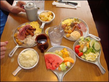 Our first set of dishes with foods from the hot and cold bars at the Petro Iron Skillet restaurant in Girard, OH.