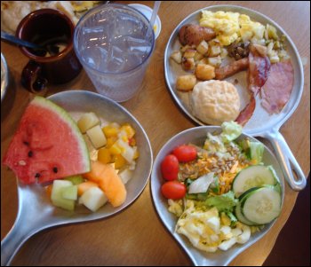 A close-up of the food Vicki got from the hot and cold bars at the Petro Iron Skillet restaurant in Girard, OH.