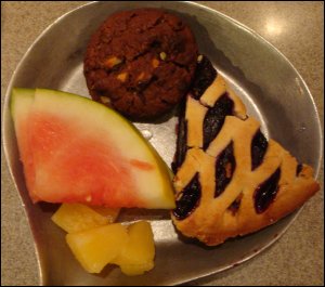 Vicki's plate of fruit and dessert at the Petro Iron Skillet in Carlisle, PA.