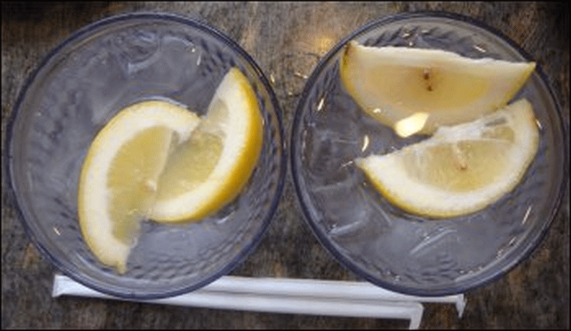 The first two glasses of water brought to us at the Petro 2 restaurant in Fremont, IN, had lemon wedges floating in the water. This is a big no-no to Vicki.