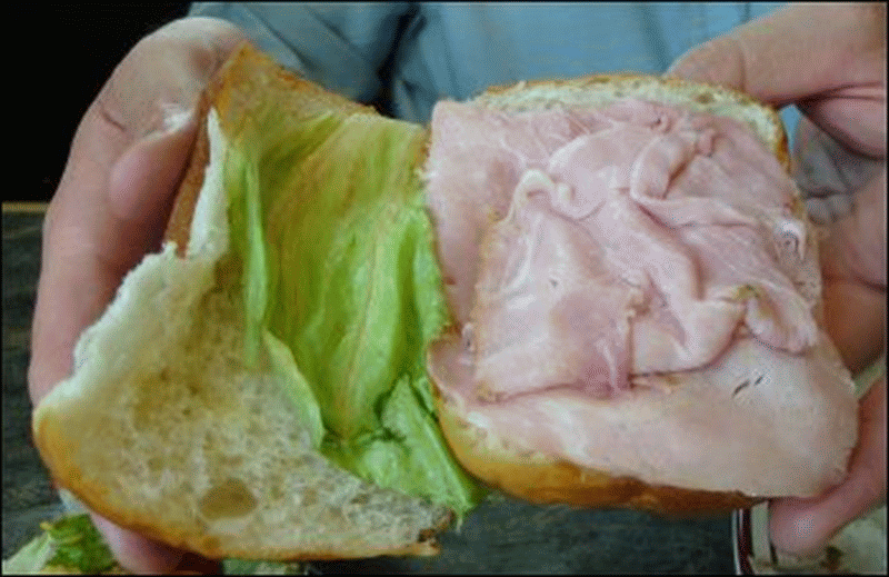 Mike shows the inside of his pre-made, pre-wrapped ham sandwich, which he got at the Petro 2 Stopping Center in Fremont, IN.