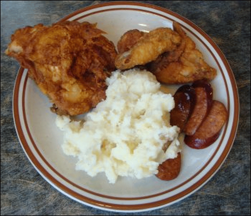 On the second trip Mike made to the hot bar at the Petro 2 in Fremont, IN, he got more fried chicken and mashed potatoes (no gravy this time), and a little bit of barbequed sausage (like kielbasa sausage).