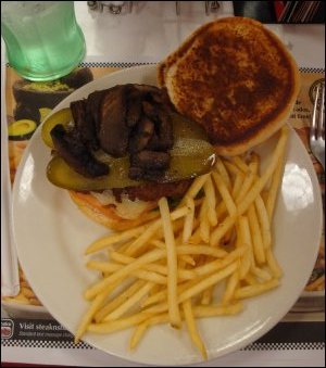 Vicki's Grilled Portobello 'n Swiss Steakburger and fries at Steak 'n Shake at the Pilot Travel Center in Tifton, GA.