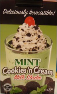Display card on table showing the Mint Cookies and Cream milkshake at the Steak 'n Shake at the Pilot Travel Center in Tifton, GA.